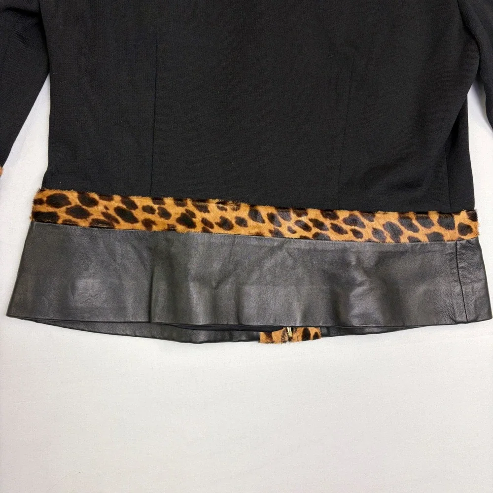 NWT St. John Collection Blazer Women 8 Black Leather Leopard Wool Silk Jacket - Picture 15 of 16